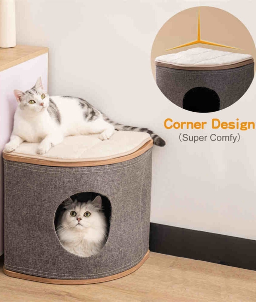 Cat bed cave, Wooden Cat House Cave with 2 Washable Cushions